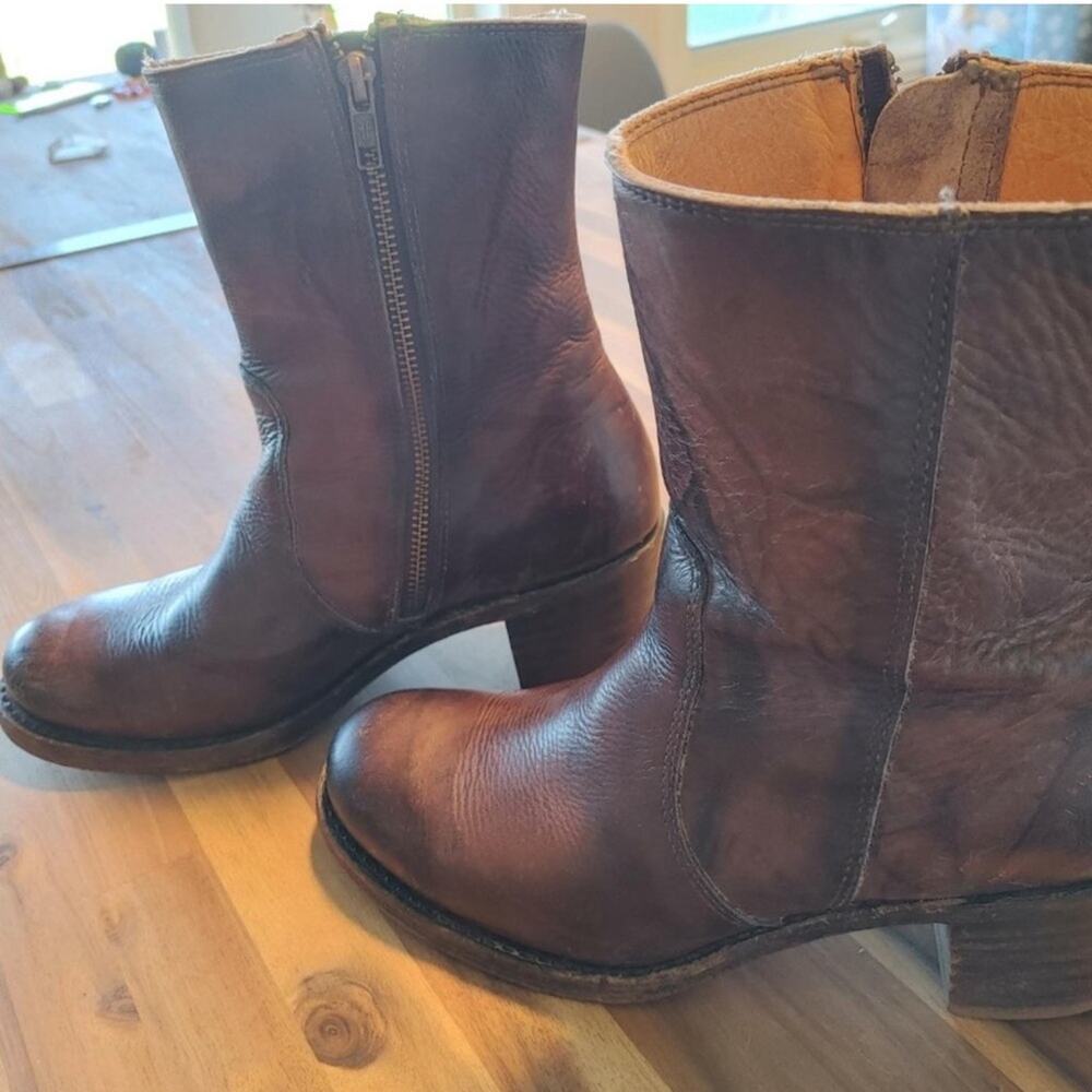 Frye Women's Sabrina mid short zip zipper walnut Leather Boots 8.5 - Picture 4 of 10